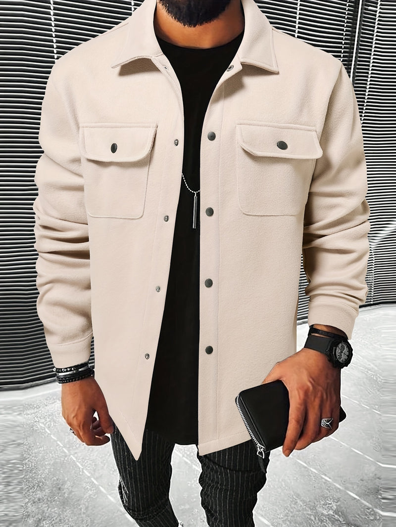 Men's Casual Flap Pocket Jacket, Chic Button Up Mature Coat For Fall Winter