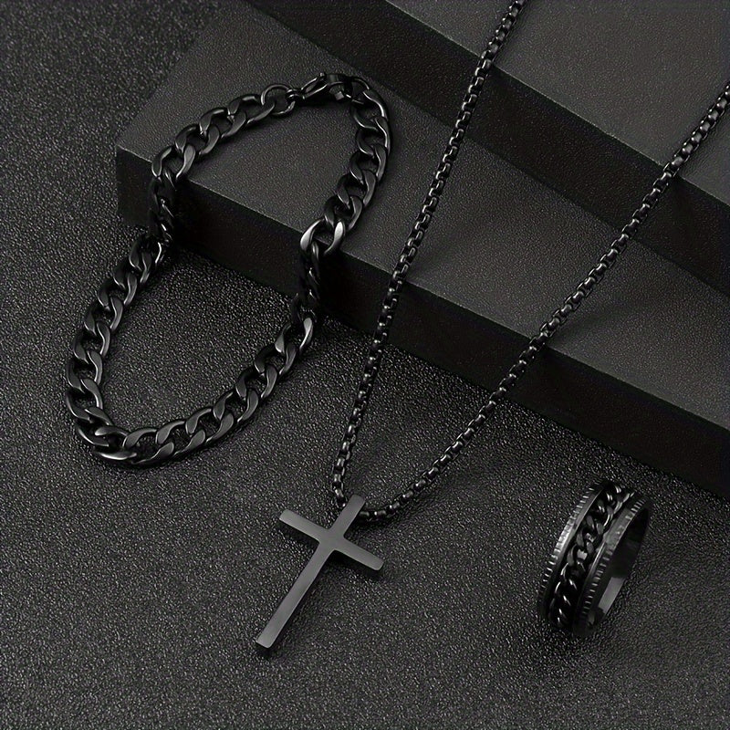 Conjunto de Colar, Pulseira e Anel Masculino em Aço Inoxidável