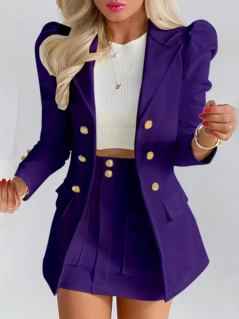 Conjunto de Blazer e Saia Duas Peças, Elegante com Blazer de Manga Longa e Saia Mini