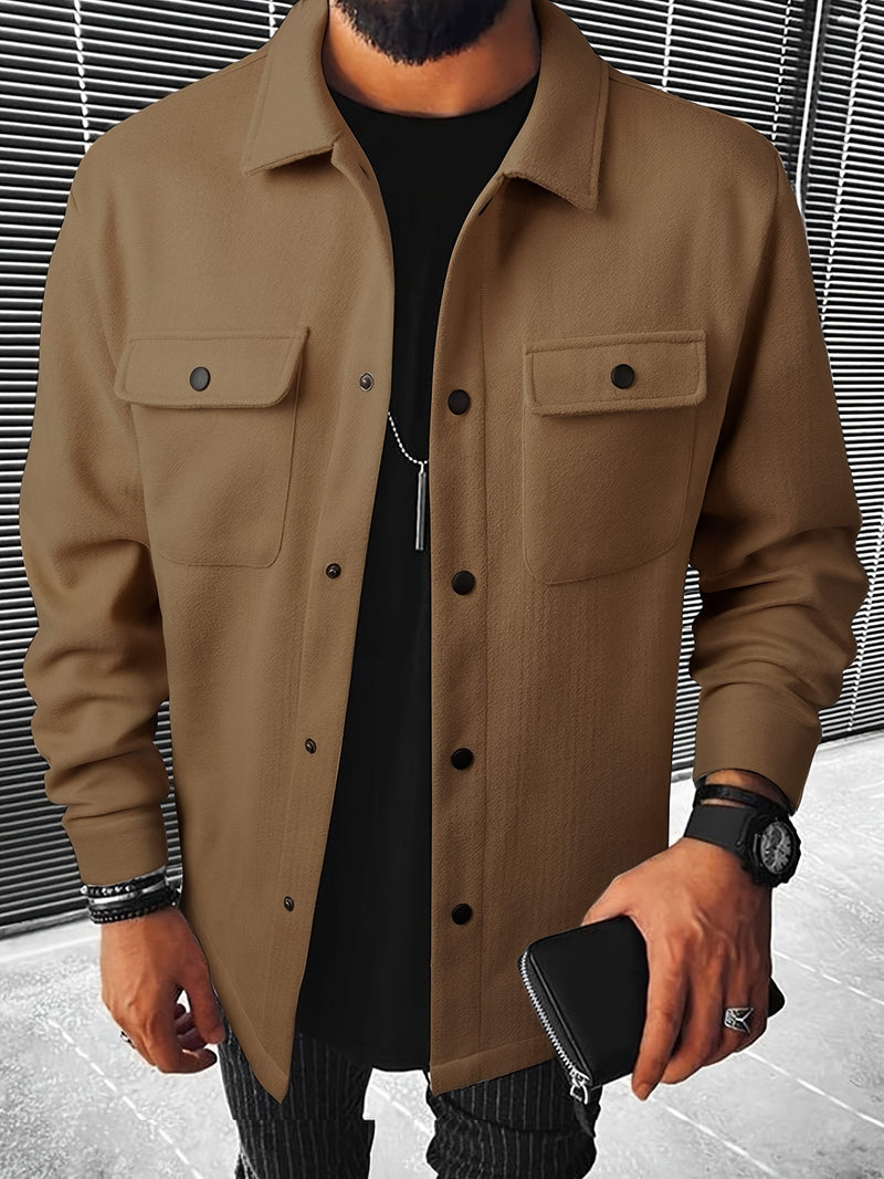 Men's Casual Flap Pocket Jacket, Chic Button Up Mature Coat For Fall Winter