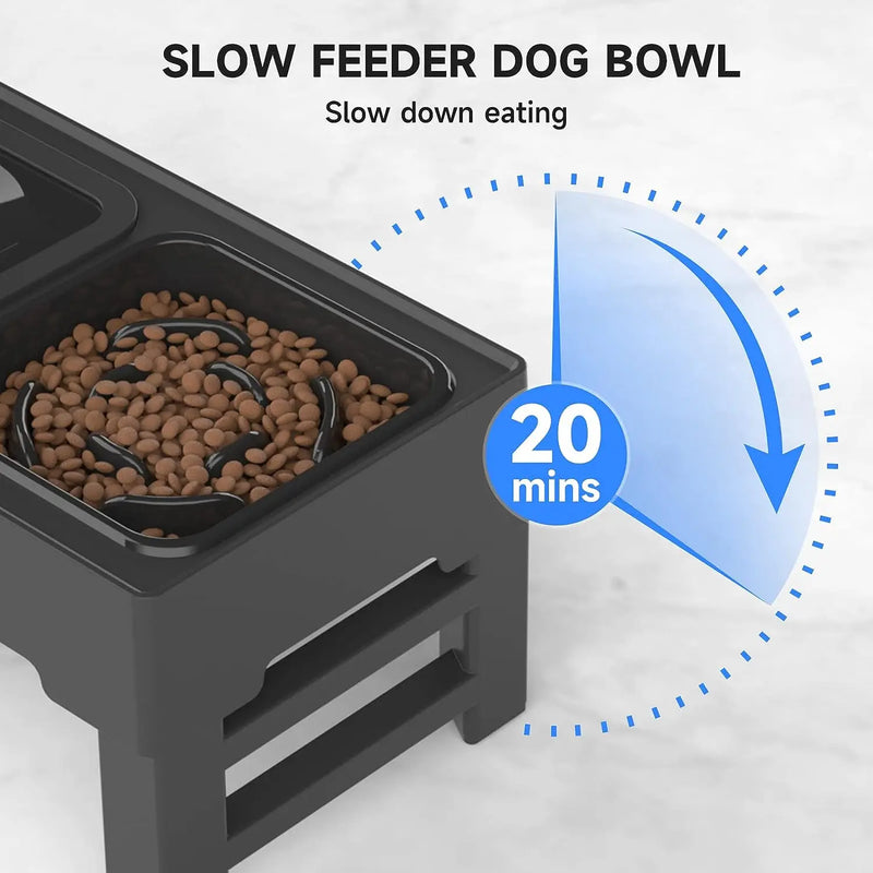 Adjustable Elevated Dog Bowls Set with Slow Feeder and Non-Spill Water Bowl for Dogs and Pets